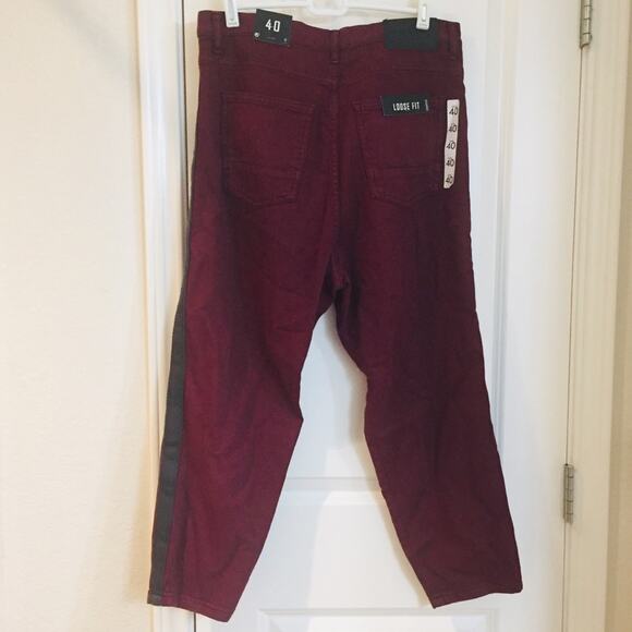 ZARA MAN Burgundy Loose Fit Racer Stripe Cropped Jeans 31x23 Denim Mens NWT - Picture 6 of 8